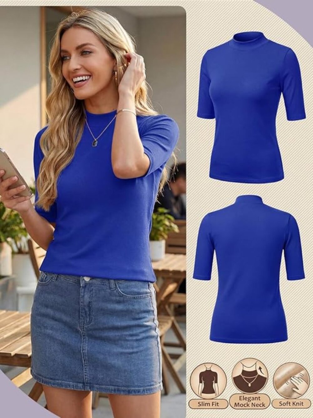 Blue Mock Neck Short Sleeve Shirt
